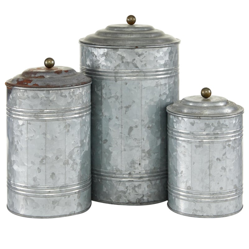 Deco 79 Metal Living Room Decorative Jars Galvanized Ribbed Decorative Container with Gold Ball Knobs, Set of 3 Jar with Lid 12", 9", 8"H, Gray - Image 2